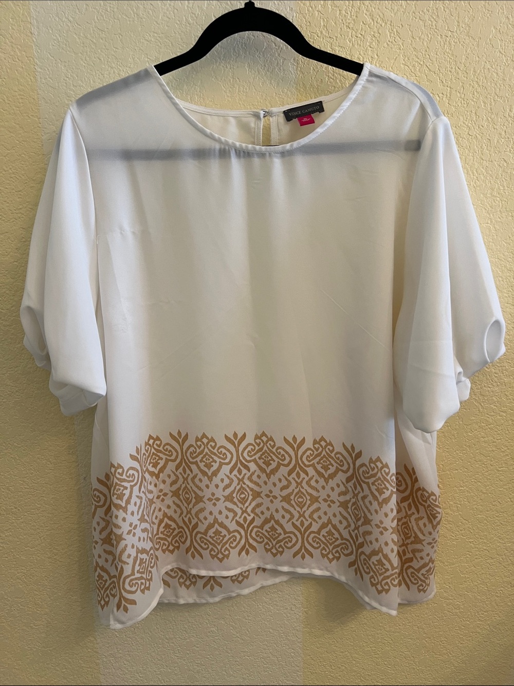 Vince Camuto White Blouse with Tan Embroidered Border